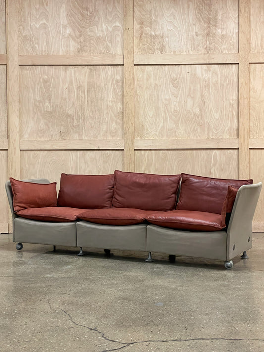 Brick Red Leather and Canvas Sofa