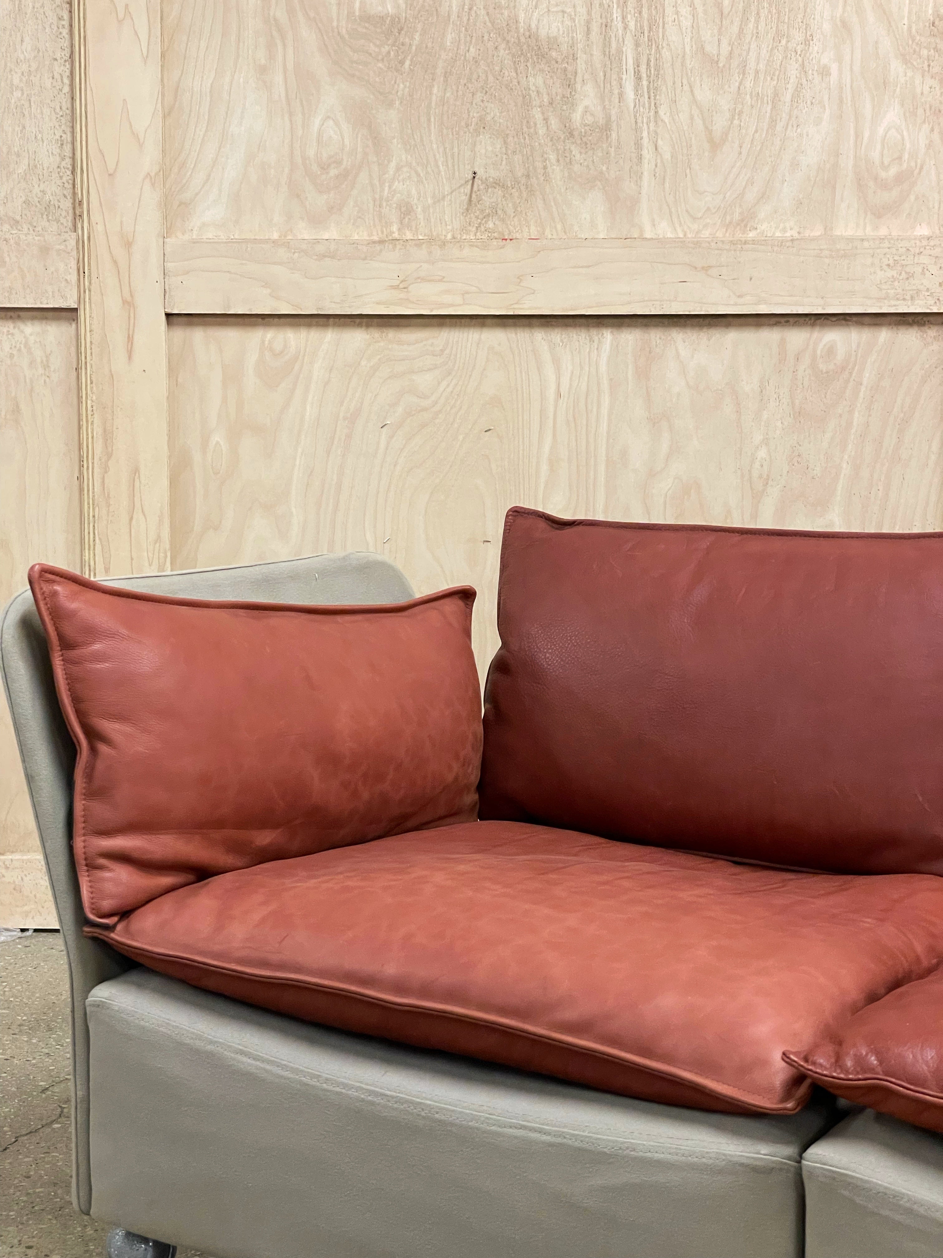 Brick Red Leather and Canvas Sofa
