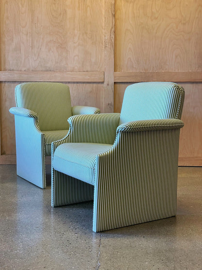 Pair of olive striped lounge chairs