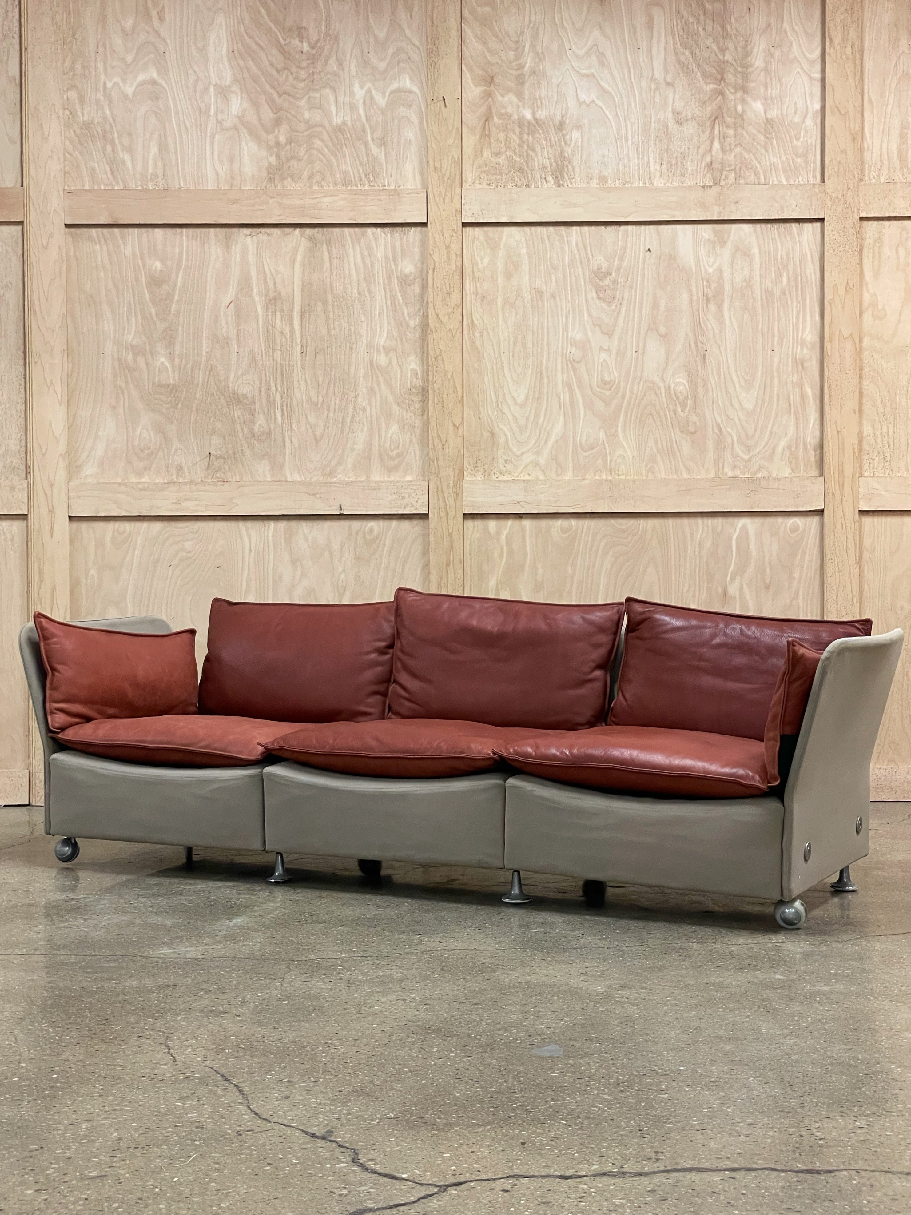 Brick Red Leather and Canvas Sofa