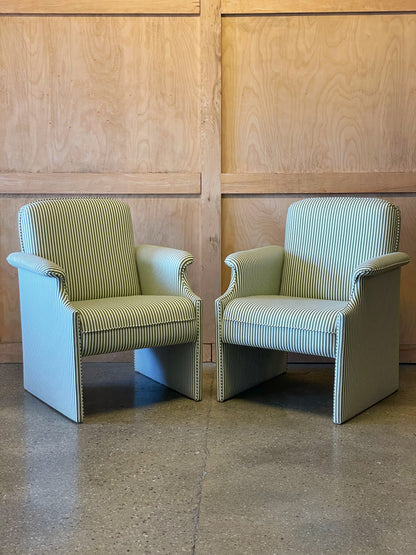 Pair of olive striped lounge chairs