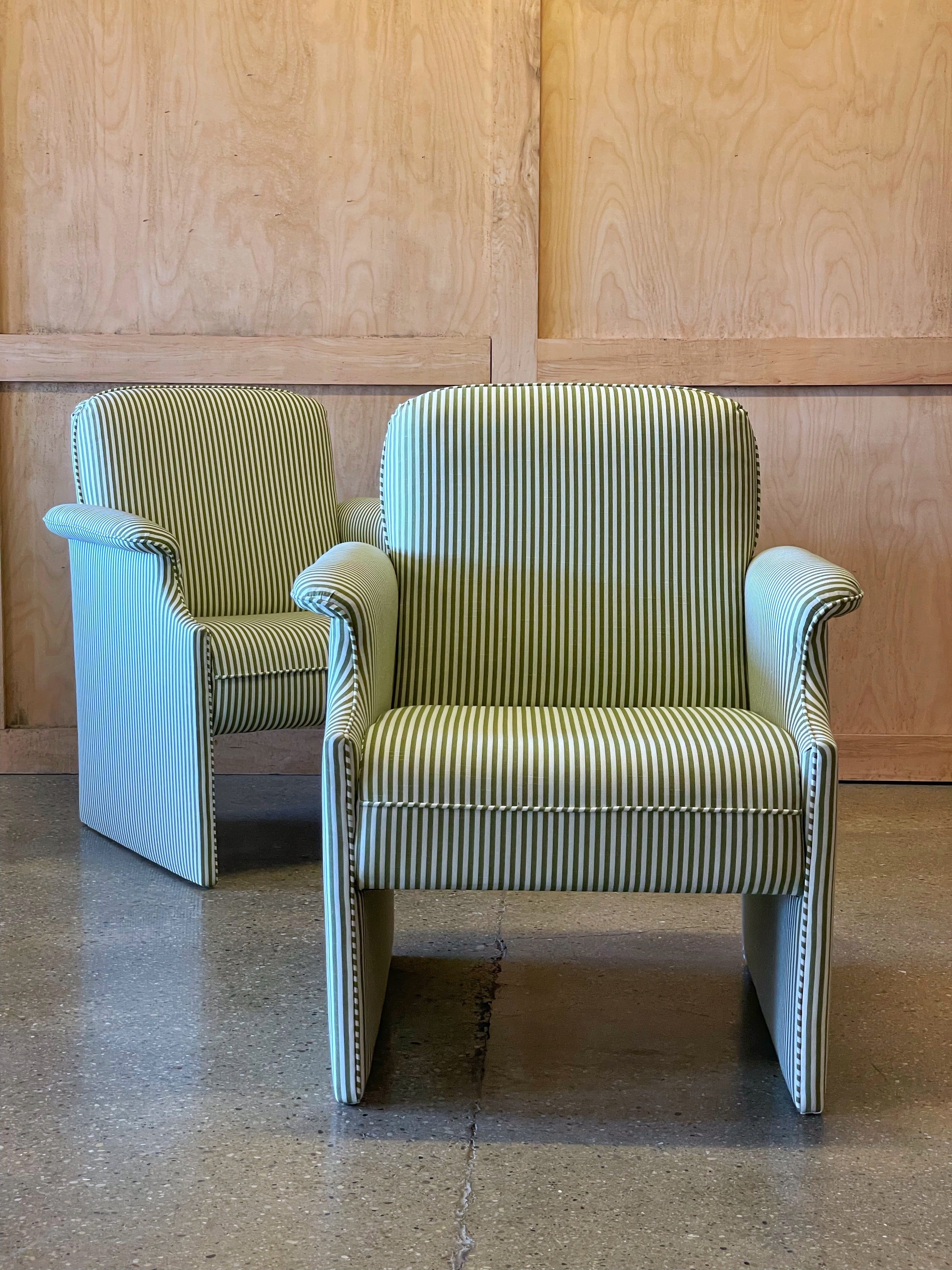 Pair of olive striped lounge chairs