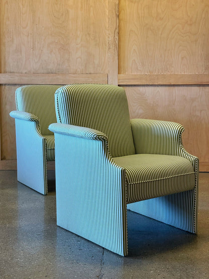 Pair of olive striped lounge chairs