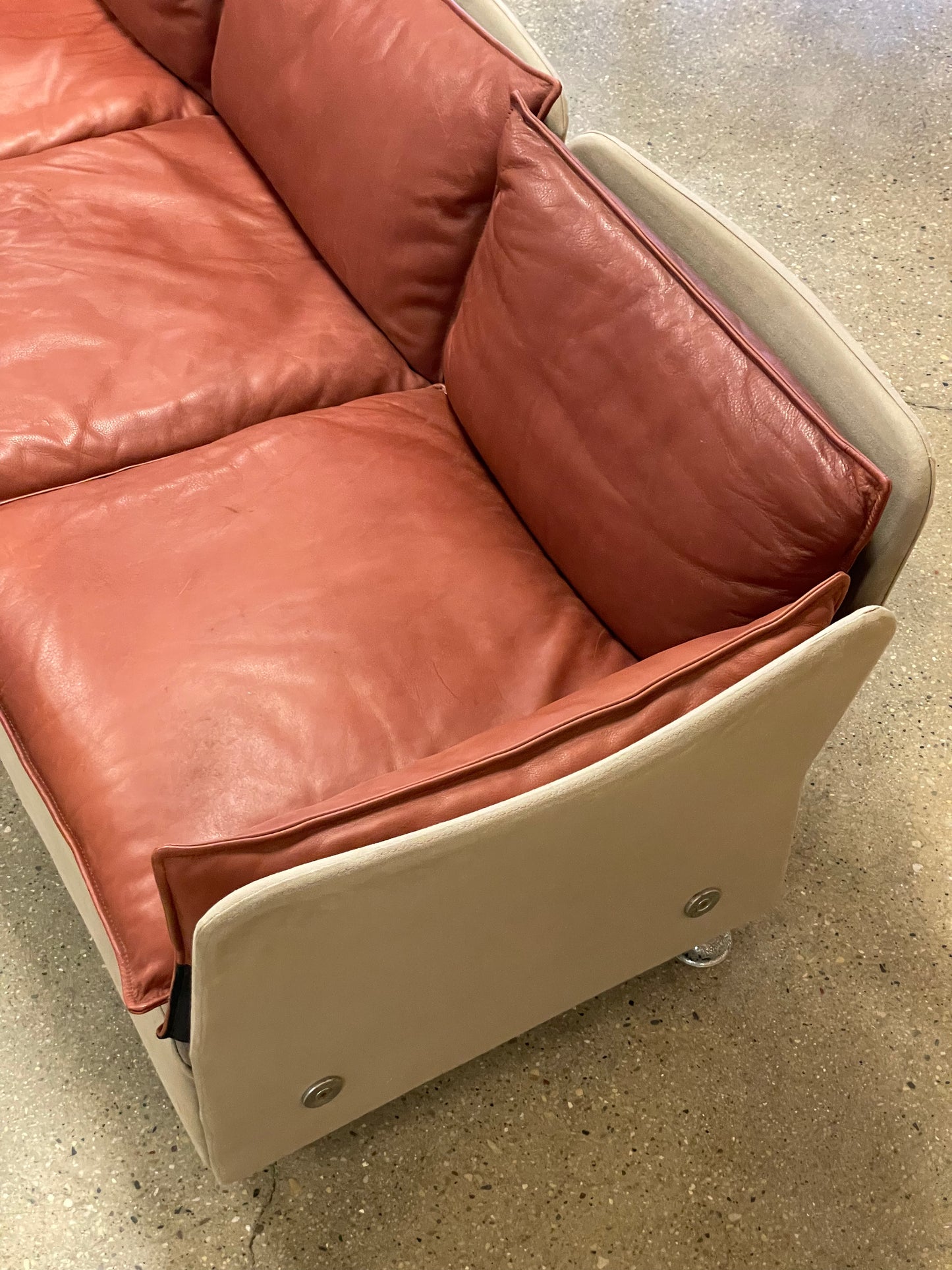 Brick Red Leather and Canvas Sofa