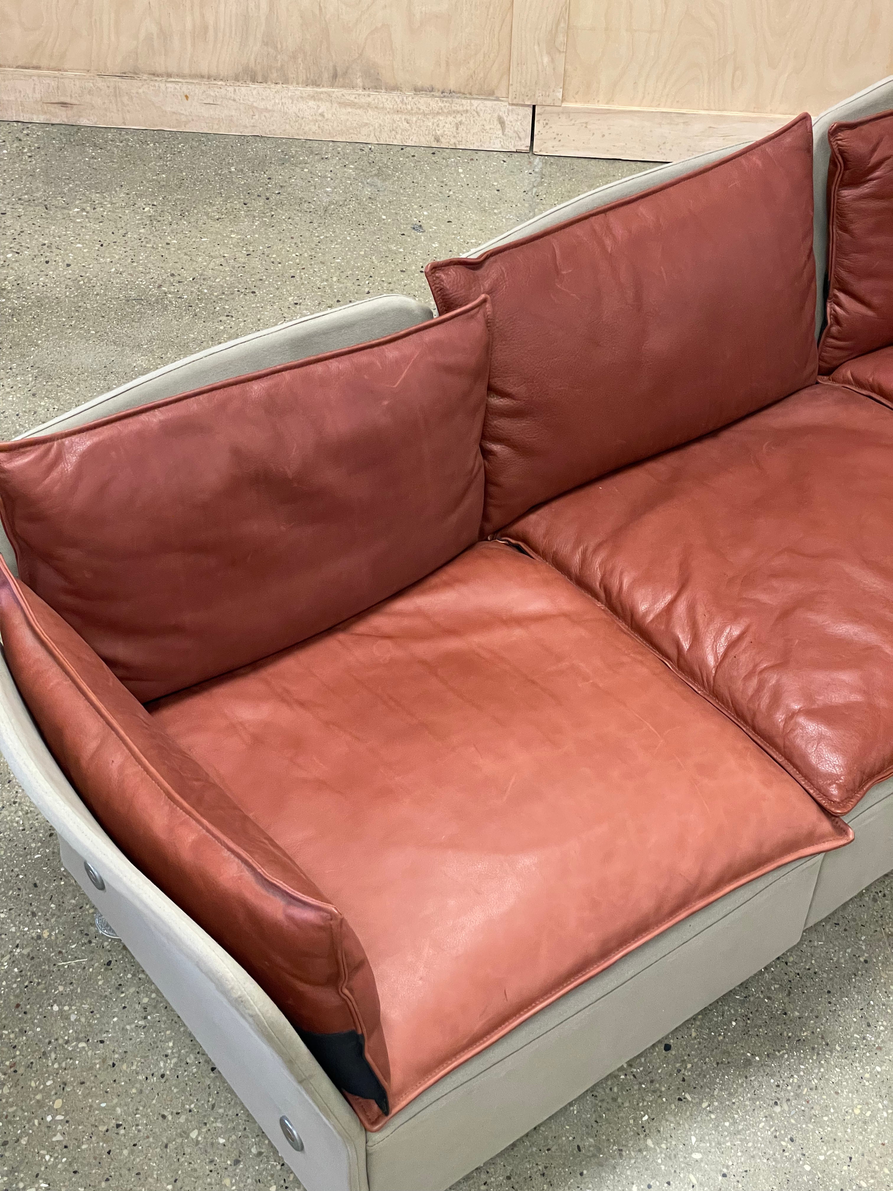Brick Red Leather and Canvas Sofa