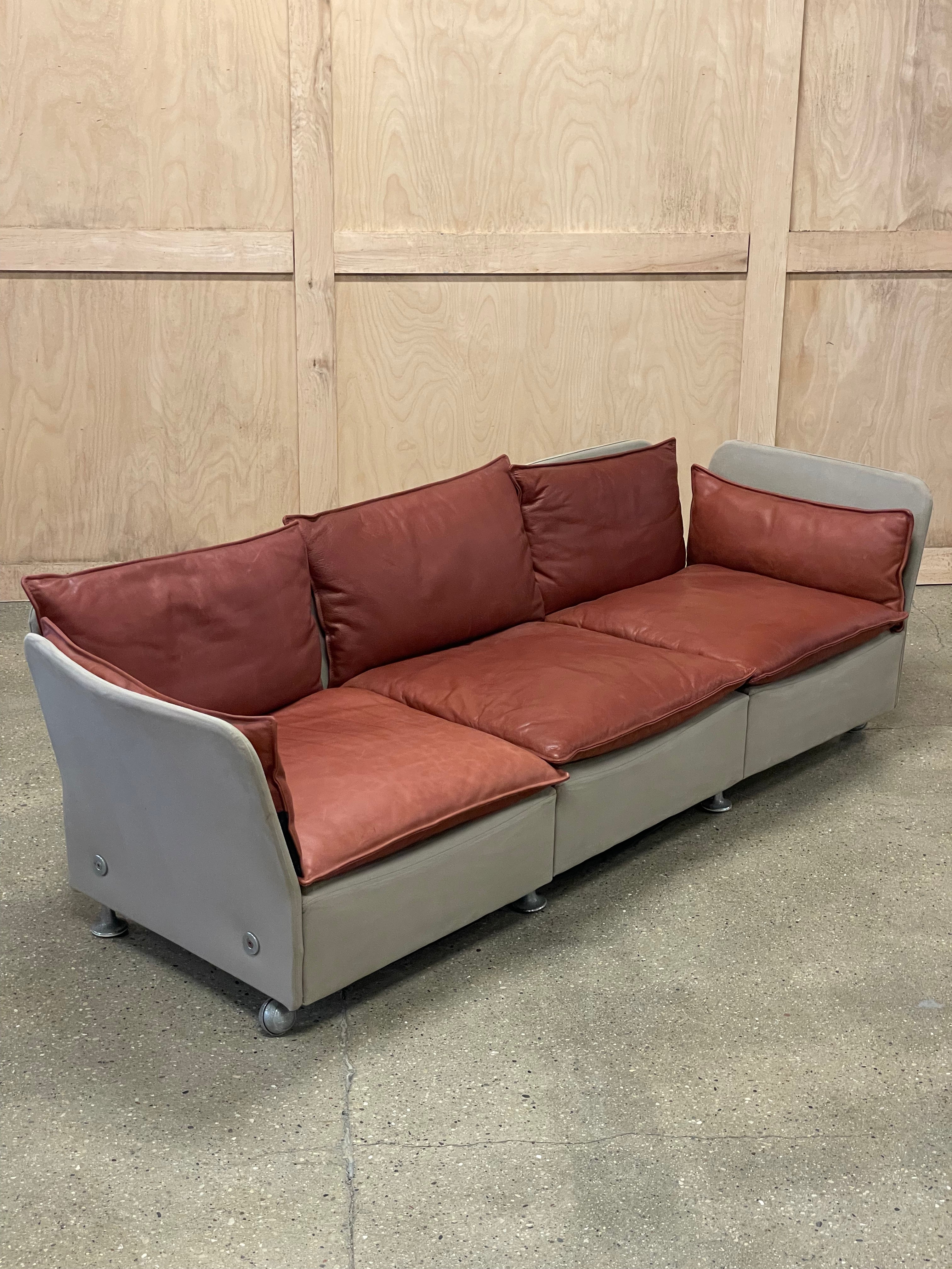 Brick Red Leather and Canvas Sofa