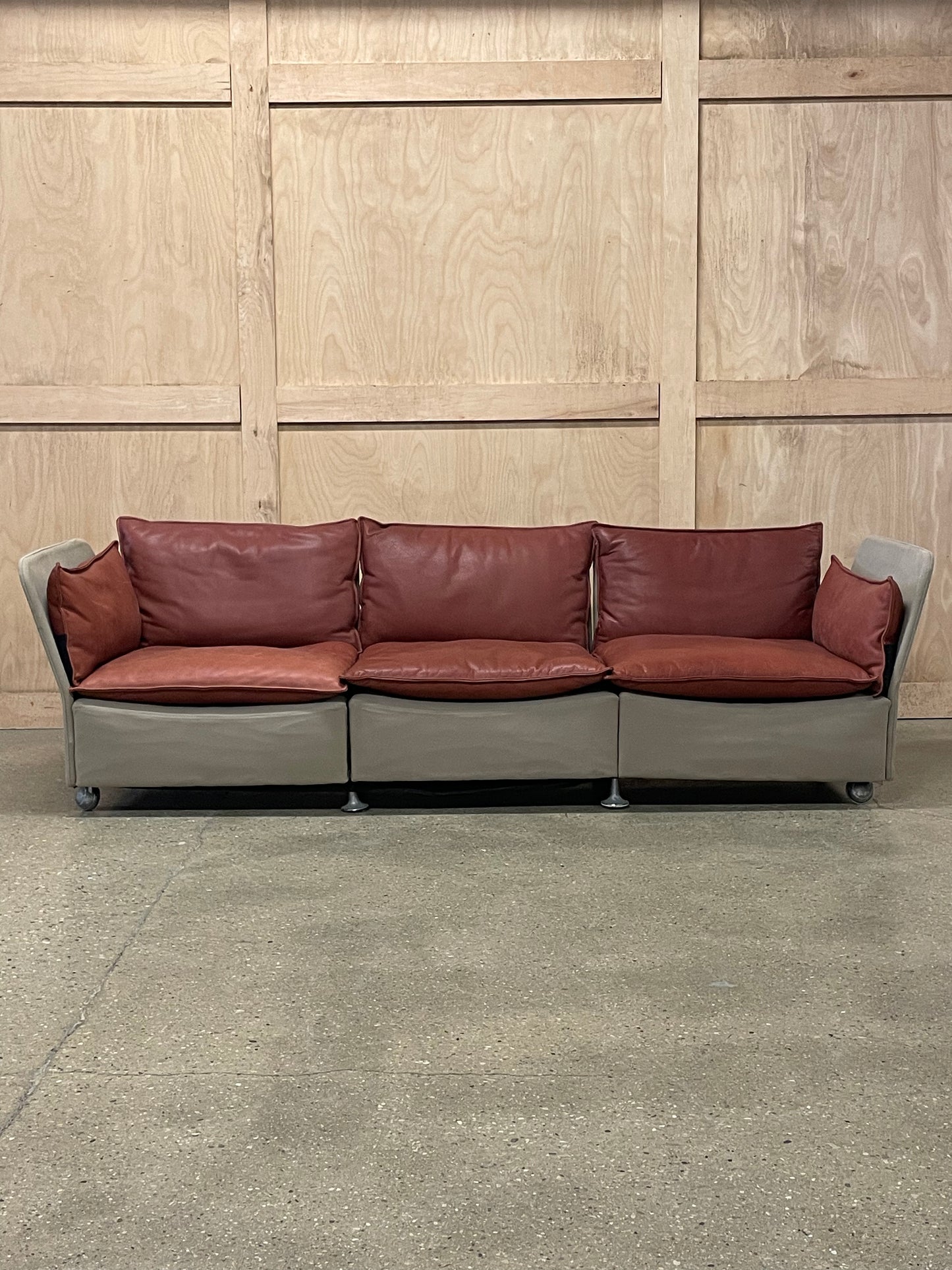 Brick Red Leather and Canvas Sofa