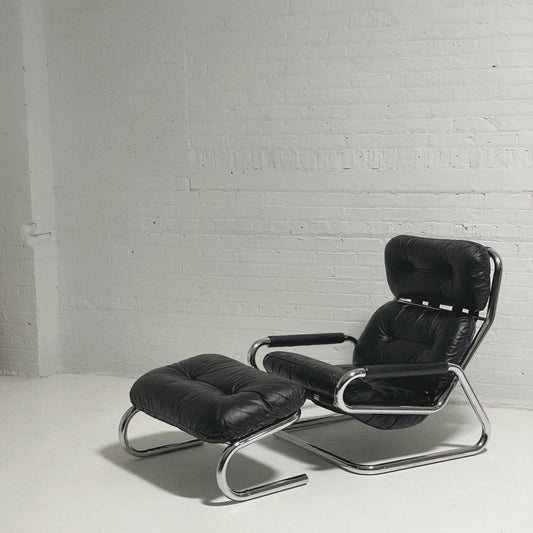 Pair of Black Leather and Chrome Lounge Chairs by Directional