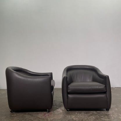 Pair of Italian Leather Club Chairs on Casters